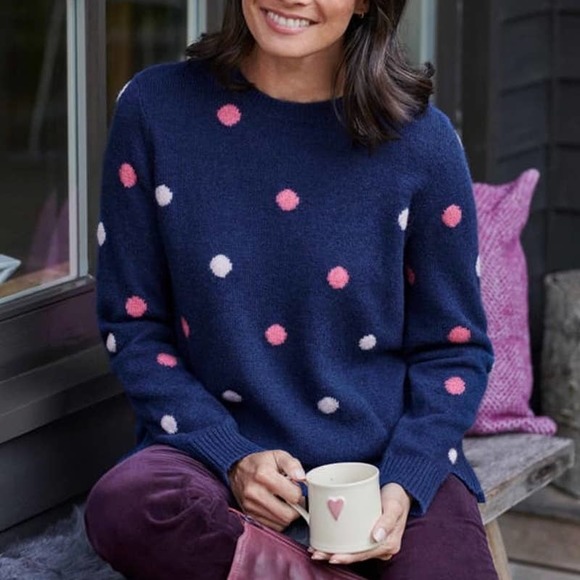 Woolovers Sweaters - Woolovers Lambswool Spot Long Sleeves Crew Neck Pullover Sweater Navy / Pink XL